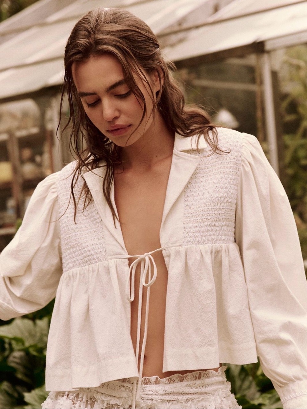Free People Cream Smocked Cotton Peasant Top